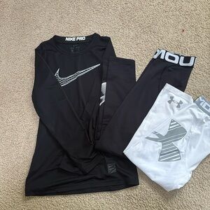 Boys set of 2 under-armor size M leggings for sports.  Long sleeve Nike Pro M.